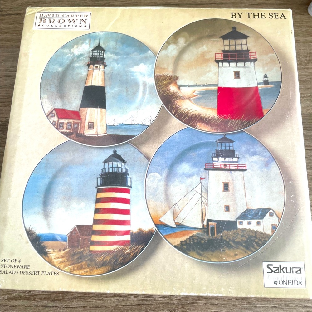Plate SET of 4 Sakura by Oneida David Carter Brown "By The Sea" Lighthouses